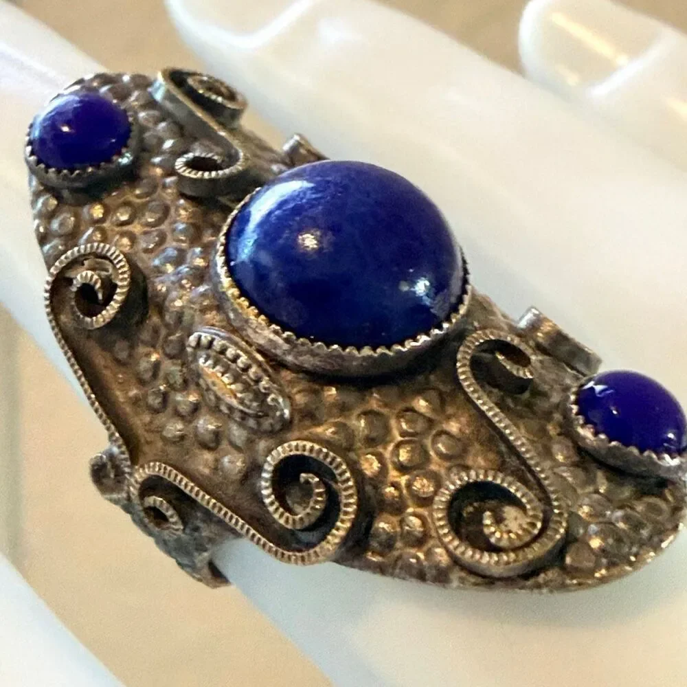 NEMCO Sculptural Silver Tone Statement Ring with Blue Cabochons